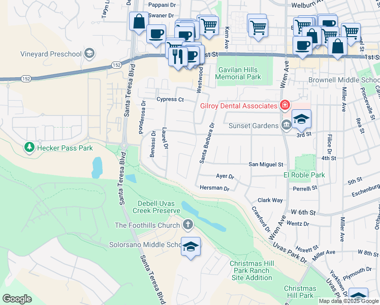 map of restaurants, bars, coffee shops, grocery stores, and more near 7611 Westwood Drive in Gilroy