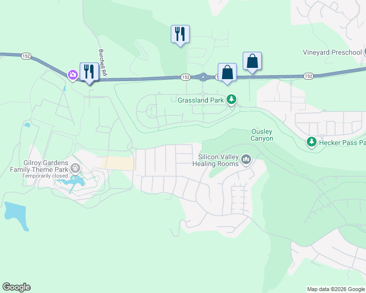map of restaurants, bars, coffee shops, grocery stores, and more near 2846 Roundstone Drive in Gilroy