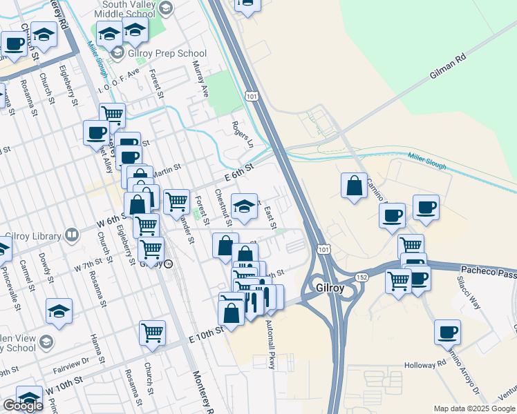map of restaurants, bars, coffee shops, grocery stores, and more near 475 Old Gilroy Street in Gilroy
