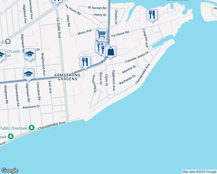 map of restaurants, bars, coffee shops, grocery stores, and more near 106 Clyde Street in Hampton