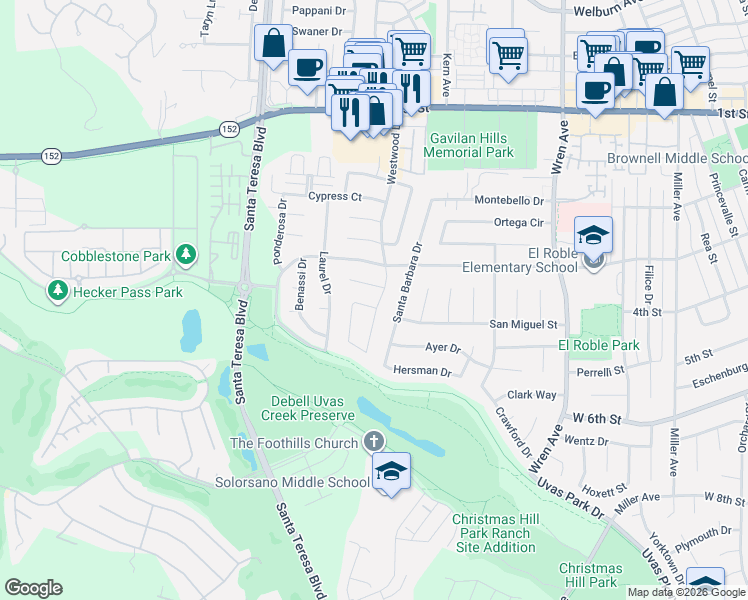 map of restaurants, bars, coffee shops, grocery stores, and more near 7611 Westwood Drive in Gilroy