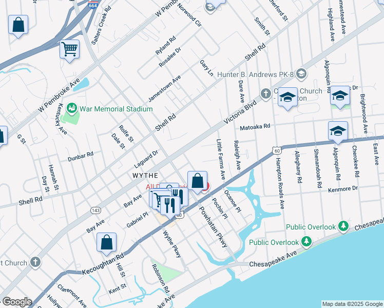 map of restaurants, bars, coffee shops, grocery stores, and more near 338 Pochin Place in Hampton
