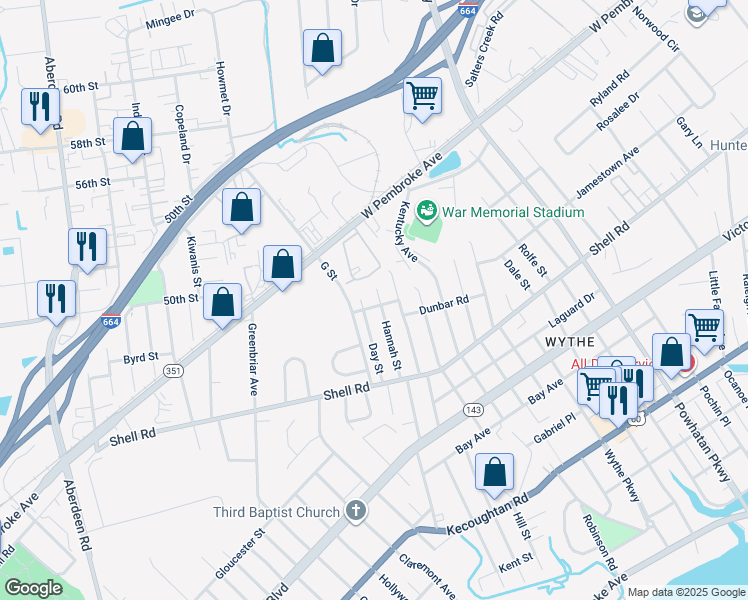 map of restaurants, bars, coffee shops, grocery stores, and more near 709 Hannah Street in Hampton