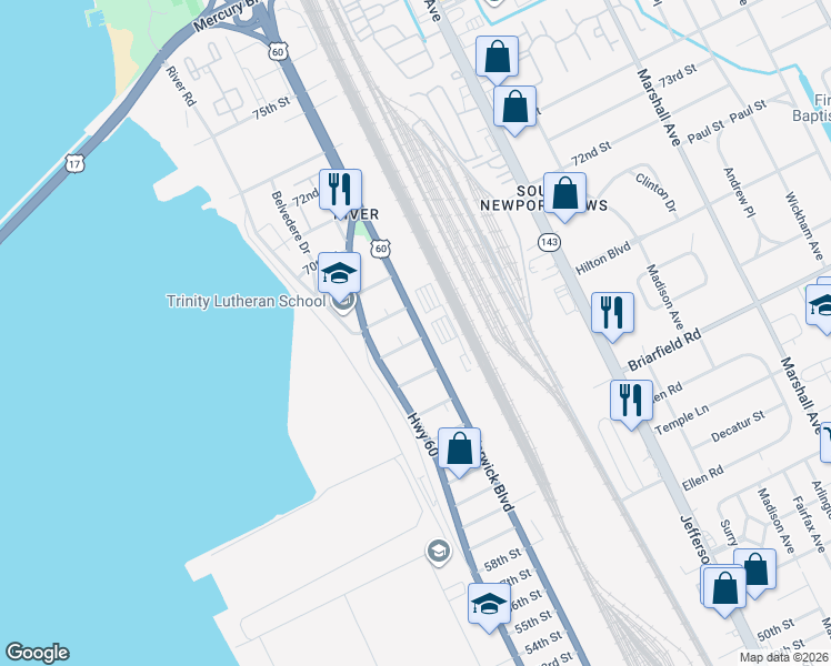 map of restaurants, bars, coffee shops, grocery stores, and more near 314 67th Street in Newport News