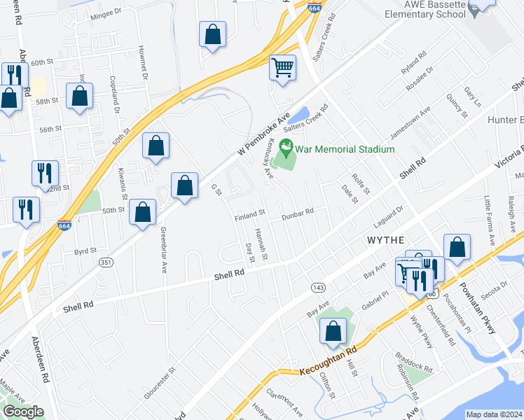 map of restaurants, bars, coffee shops, grocery stores, and more near 705 Pennsylvania Avenue in Hampton