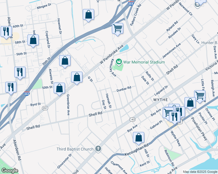 map of restaurants, bars, coffee shops, grocery stores, and more near 705 Pennsylvania Avenue in Hampton