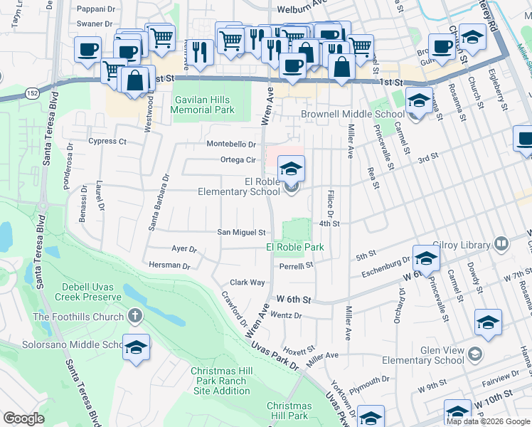 map of restaurants, bars, coffee shops, grocery stores, and more near 7615 Wren Avenue in Gilroy