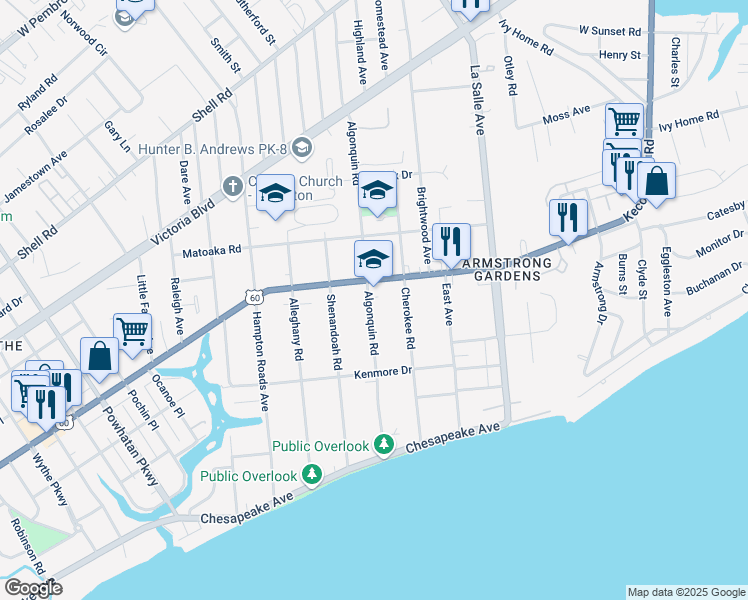 map of restaurants, bars, coffee shops, grocery stores, and more near 162 Algonquin Road in Hampton