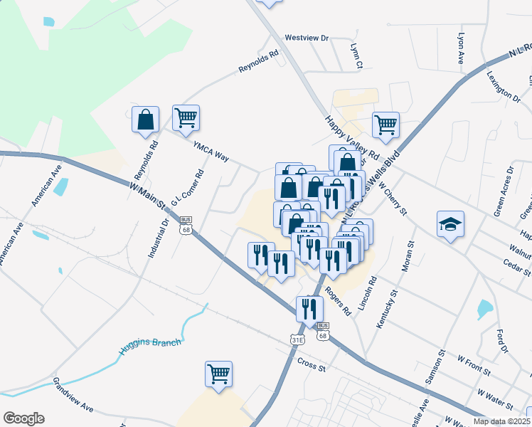 map of restaurants, bars, coffee shops, grocery stores, and more near 310 North L Rogers Wells Boulevard in Glasgow