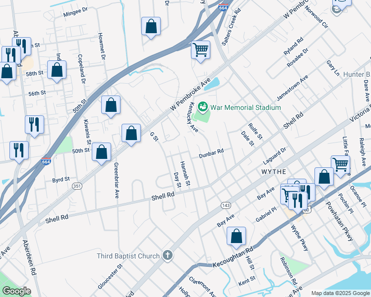 map of restaurants, bars, coffee shops, grocery stores, and more near 707 Pennsylvania Avenue in Hampton