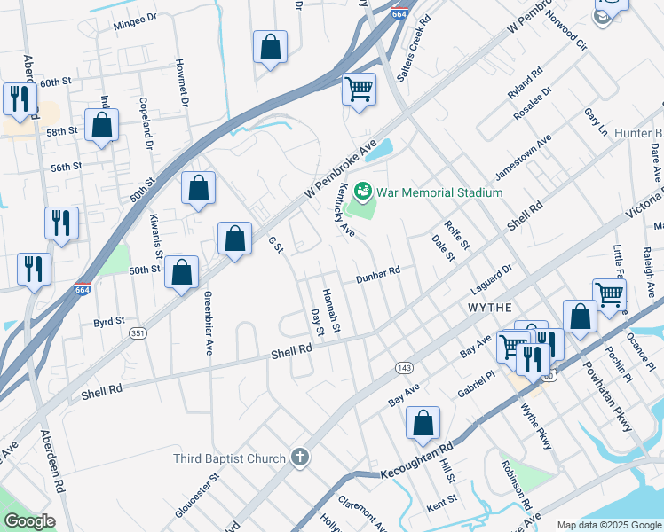 map of restaurants, bars, coffee shops, grocery stores, and more near 707 Pennsylvania Avenue in Hampton