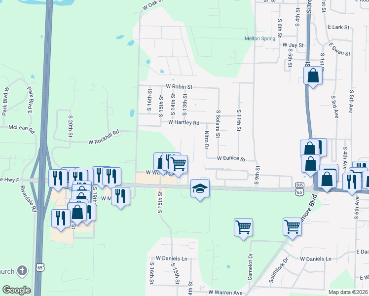 map of restaurants, bars, coffee shops, grocery stores, and more near 1430 South Atlas Court in Ozark