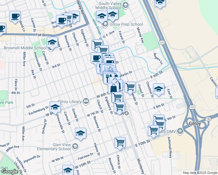 map of restaurants, bars, coffee shops, grocery stores, and more near in Gilroy