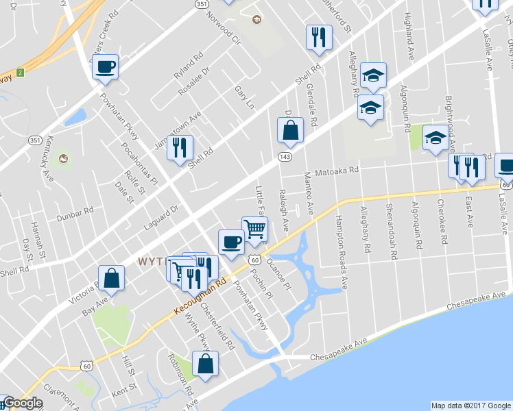 map of restaurants, bars, coffee shops, grocery stores, and more near 269 Little Farms Avenue in Hampton