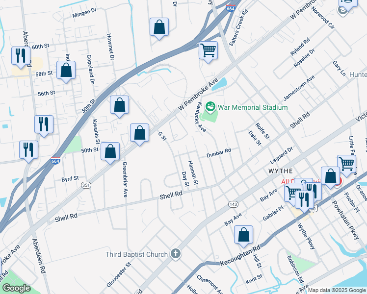 map of restaurants, bars, coffee shops, grocery stores, and more near 711 Hannah Street in Hampton