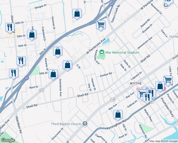 map of restaurants, bars, coffee shops, grocery stores, and more near 711 Hannah Street in Hampton