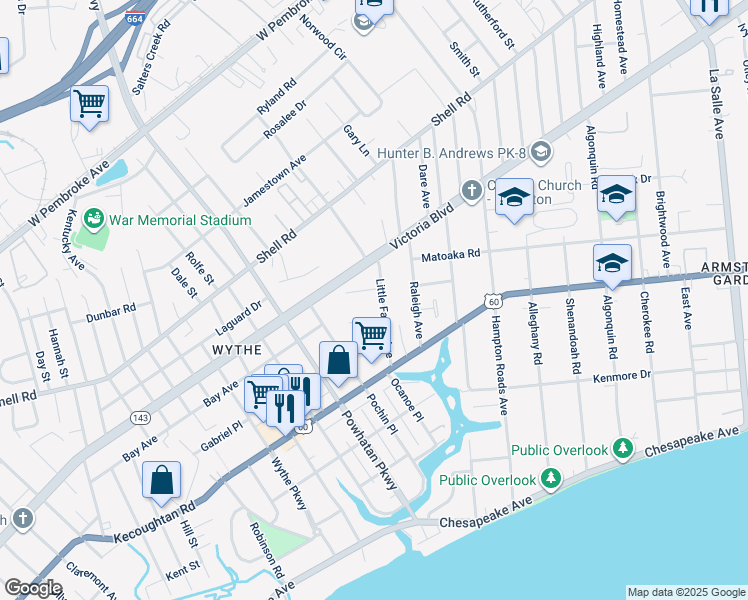 map of restaurants, bars, coffee shops, grocery stores, and more near 269 Little Farms Avenue in Hampton