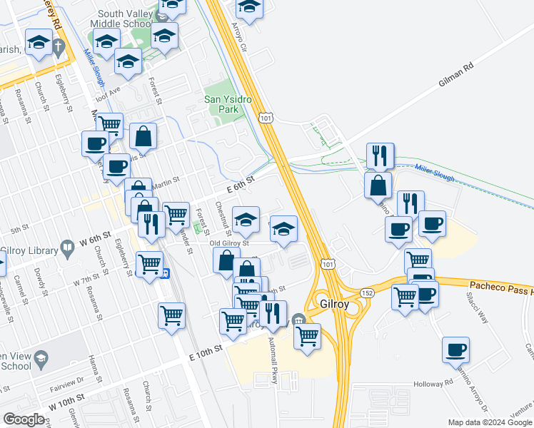 map of restaurants, bars, coffee shops, grocery stores, and more near 613 East 7th Street in Gilroy