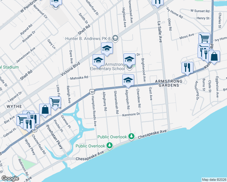 map of restaurants, bars, coffee shops, grocery stores, and more near 3301 Kecoughtan Road in Hampton