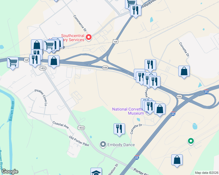 map of restaurants, bars, coffee shops, grocery stores, and more near 675 Hennessy Way in Bowling Green