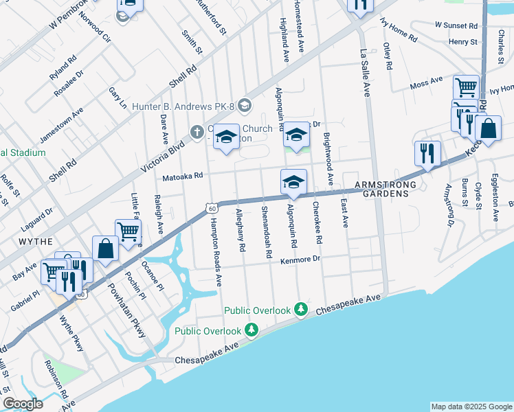 map of restaurants, bars, coffee shops, grocery stores, and more near 3208 Kecoughtan Road in Hampton