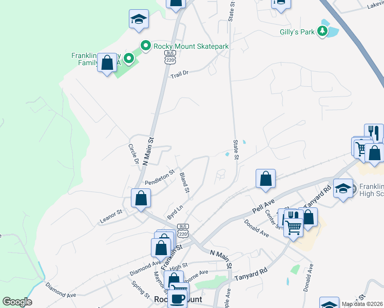 map of restaurants, bars, coffee shops, grocery stores, and more near 220 Bland Street in Rocky Mount