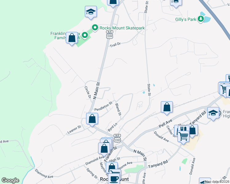 map of restaurants, bars, coffee shops, grocery stores, and more near 220 Bland Street in Rocky Mount