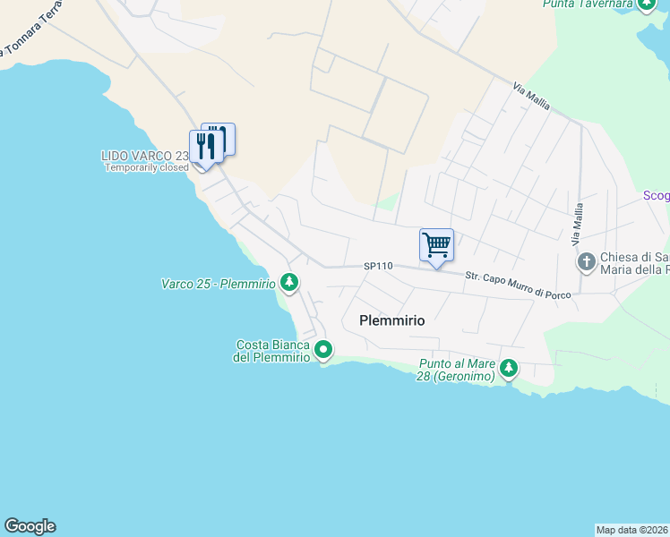 map of restaurants, bars, coffee shops, grocery stores, and more near 235 Strada Capo Murro di Porco in Syracuse