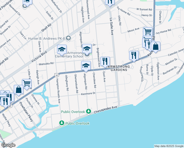 map of restaurants, bars, coffee shops, grocery stores, and more near 181 Cherokee Road in Hampton