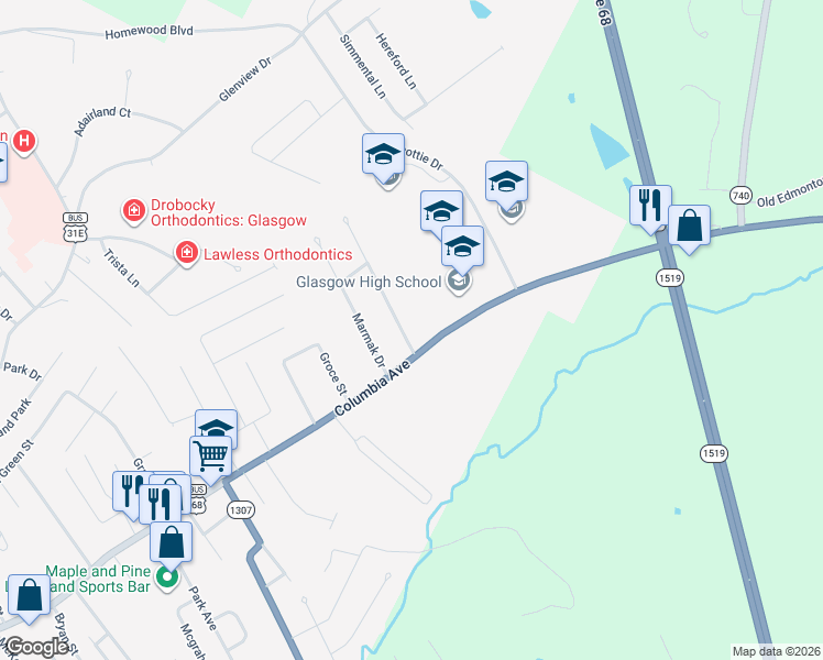 map of restaurants, bars, coffee shops, grocery stores, and more near 100 Sandwood Drive in Glasgow