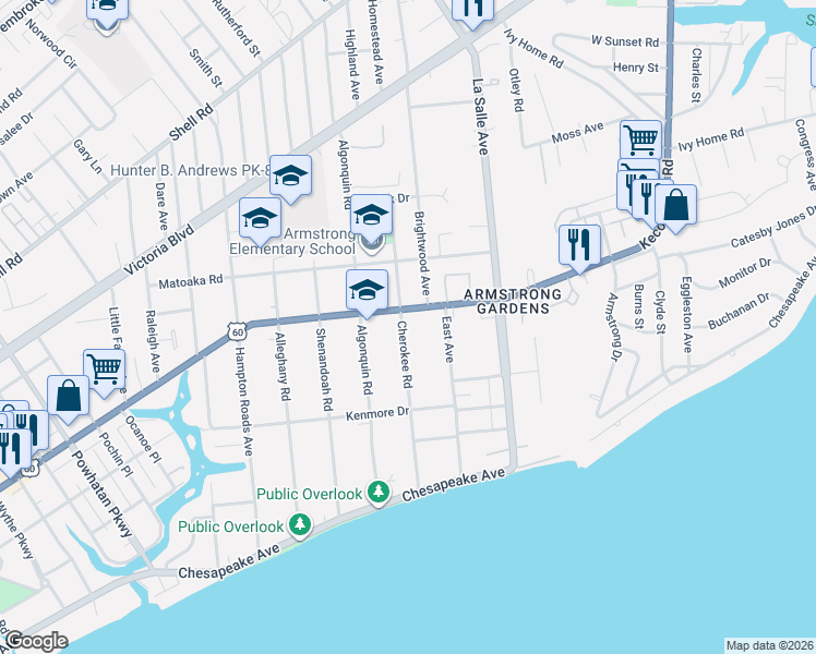map of restaurants, bars, coffee shops, grocery stores, and more near 3500b U.S. 60 in Hampton