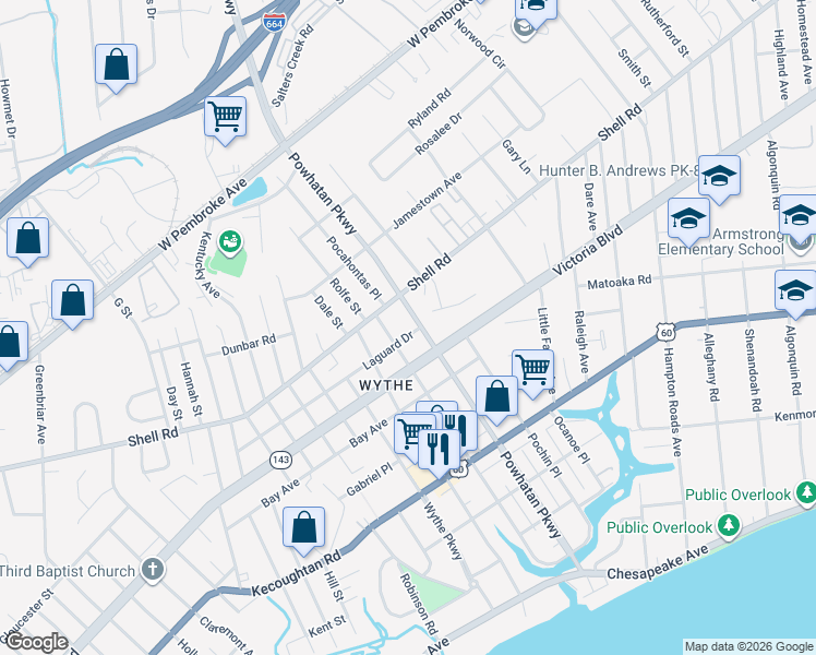 map of restaurants, bars, coffee shops, grocery stores, and more near in Hampton