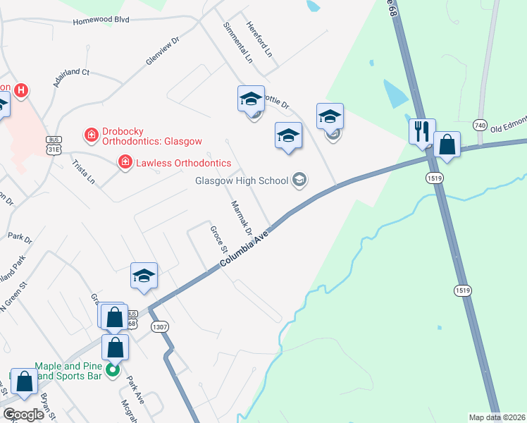 map of restaurants, bars, coffee shops, grocery stores, and more near 100-148 Sandwood Drive in Glasgow
