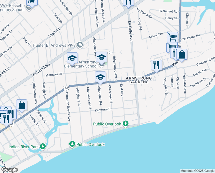 map of restaurants, bars, coffee shops, grocery stores, and more near 181 Cherokee Road in Hampton