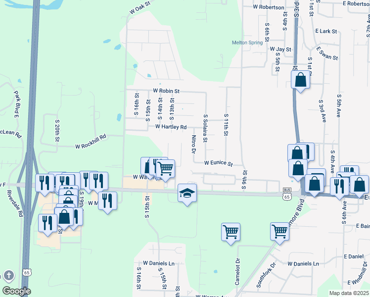 map of restaurants, bars, coffee shops, grocery stores, and more near 1416 South Treetop Court in Ozark