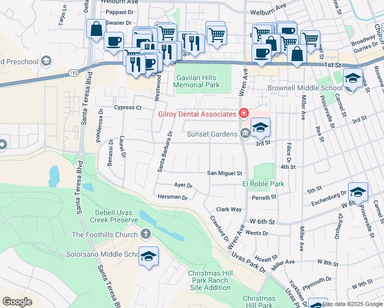 map of restaurants, bars, coffee shops, grocery stores, and more near 1170 3rd Street in Gilroy