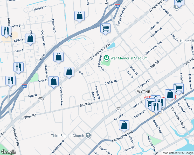 map of restaurants, bars, coffee shops, grocery stores, and more near 713 Pennsylvania Avenue in Hampton