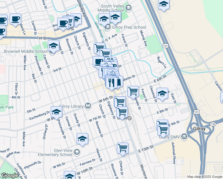 map of restaurants, bars, coffee shops, grocery stores, and more near 7511 Monterey Road in Gilroy
