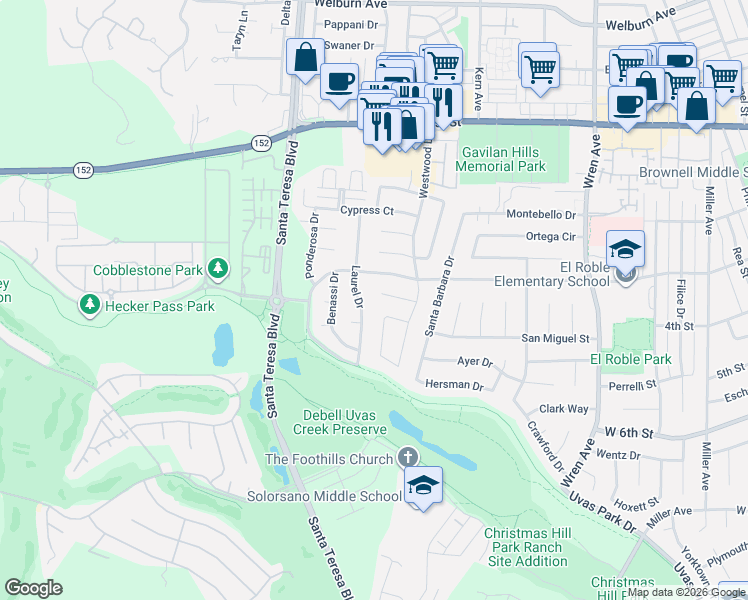 map of restaurants, bars, coffee shops, grocery stores, and more near 1371 Fernwood Lane in Gilroy