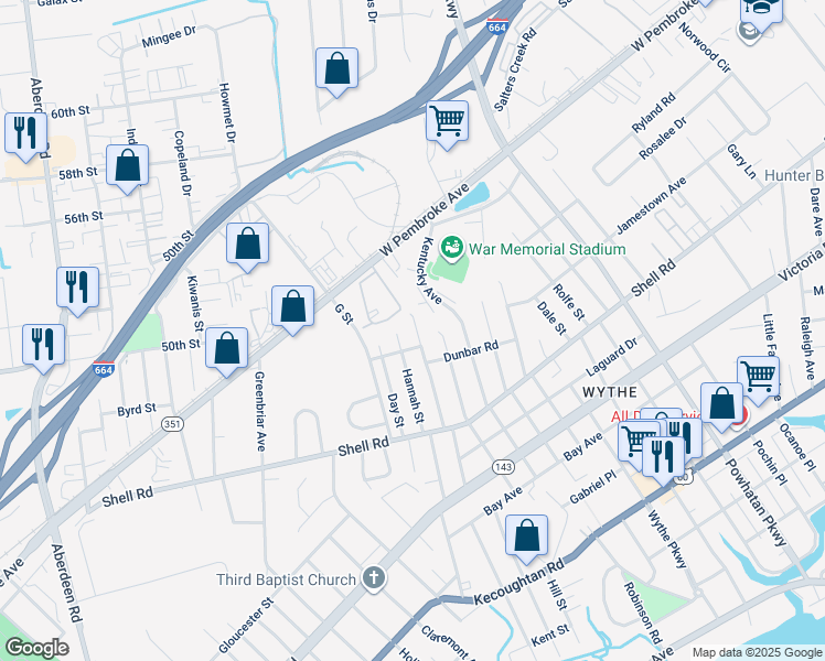 map of restaurants, bars, coffee shops, grocery stores, and more near 713 Pennsylvania Avenue in Hampton