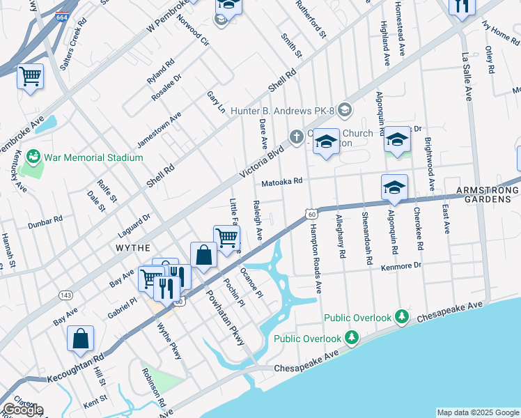 map of restaurants, bars, coffee shops, grocery stores, and more near 2909 Sir Walter Lane in Hampton