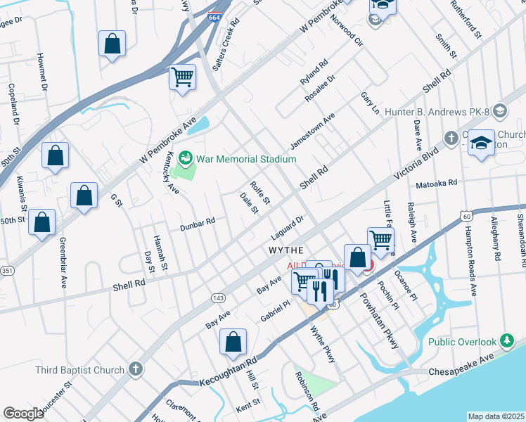 map of restaurants, bars, coffee shops, grocery stores, and more near 1835 Shell Road in Hampton