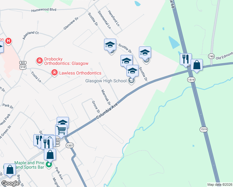 map of restaurants, bars, coffee shops, grocery stores, and more near 100-148 Sandwood Drive in Glasgow