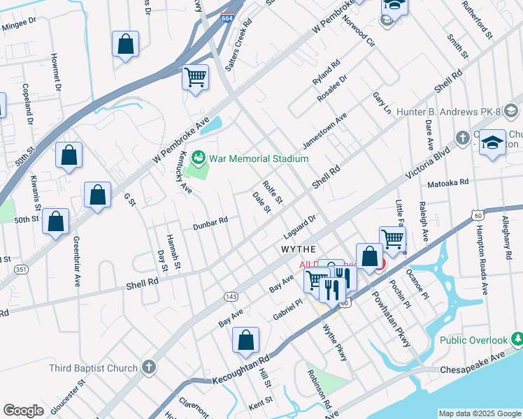 map of restaurants, bars, coffee shops, grocery stores, and more near 609 Dale Street in Hampton