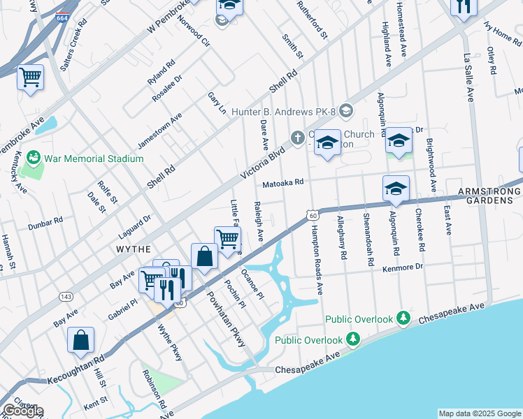 map of restaurants, bars, coffee shops, grocery stores, and more near 2909 Sir Walter Lane in Hampton