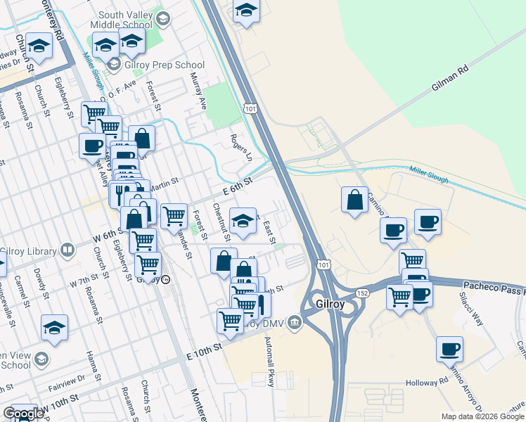 map of restaurants, bars, coffee shops, grocery stores, and more near 601 East 7th Street in Gilroy
