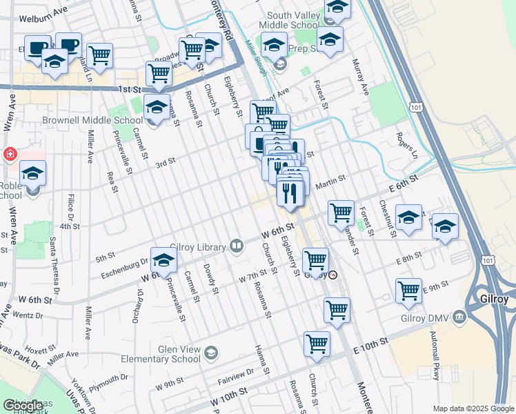 map of restaurants, bars, coffee shops, grocery stores, and more near 160 5th Street in Gilroy