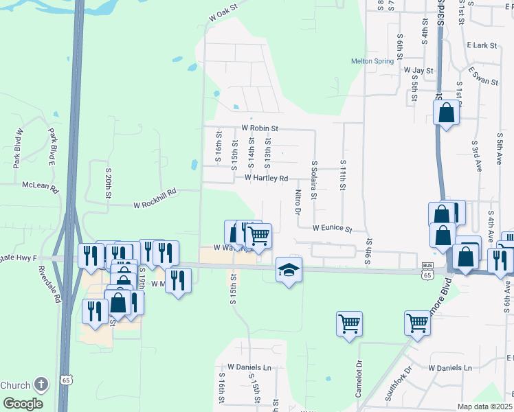 map of restaurants, bars, coffee shops, grocery stores, and more near 1409 South Atlas Court in Ozark