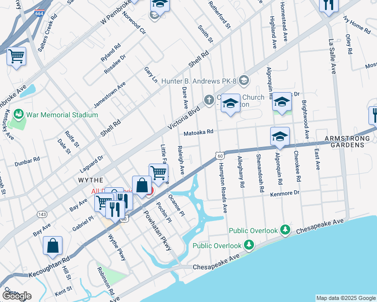 map of restaurants, bars, coffee shops, grocery stores, and more near 2906 Sir Walter Lane in Hampton