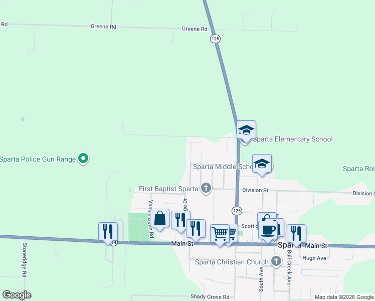 map of restaurants, bars, coffee shops, grocery stores, and more near 579 Waterwheel Avenue in Sparta
